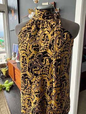 INC International Concepts Black and Mustard-Gold Silk Halter Top